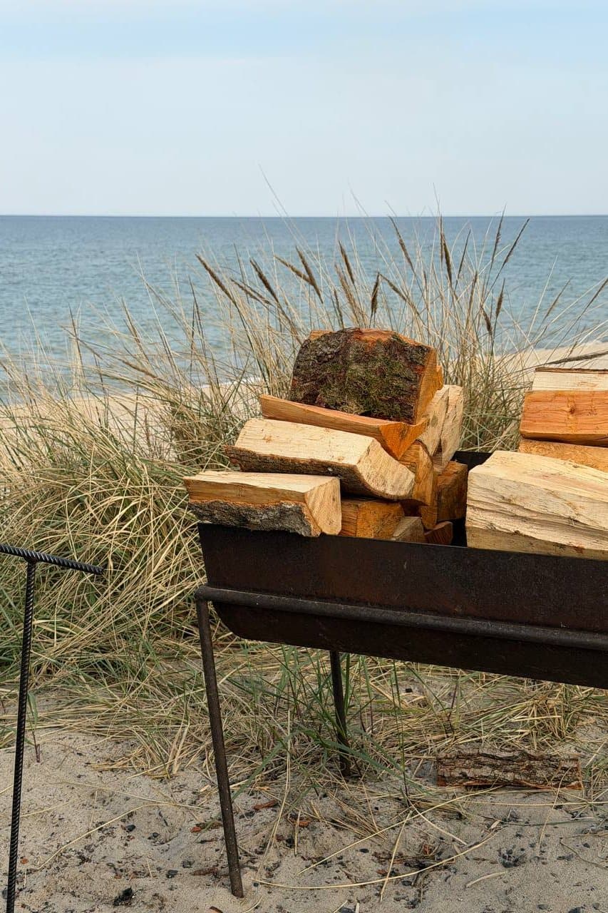 Стол с дровами среди дюн у моря